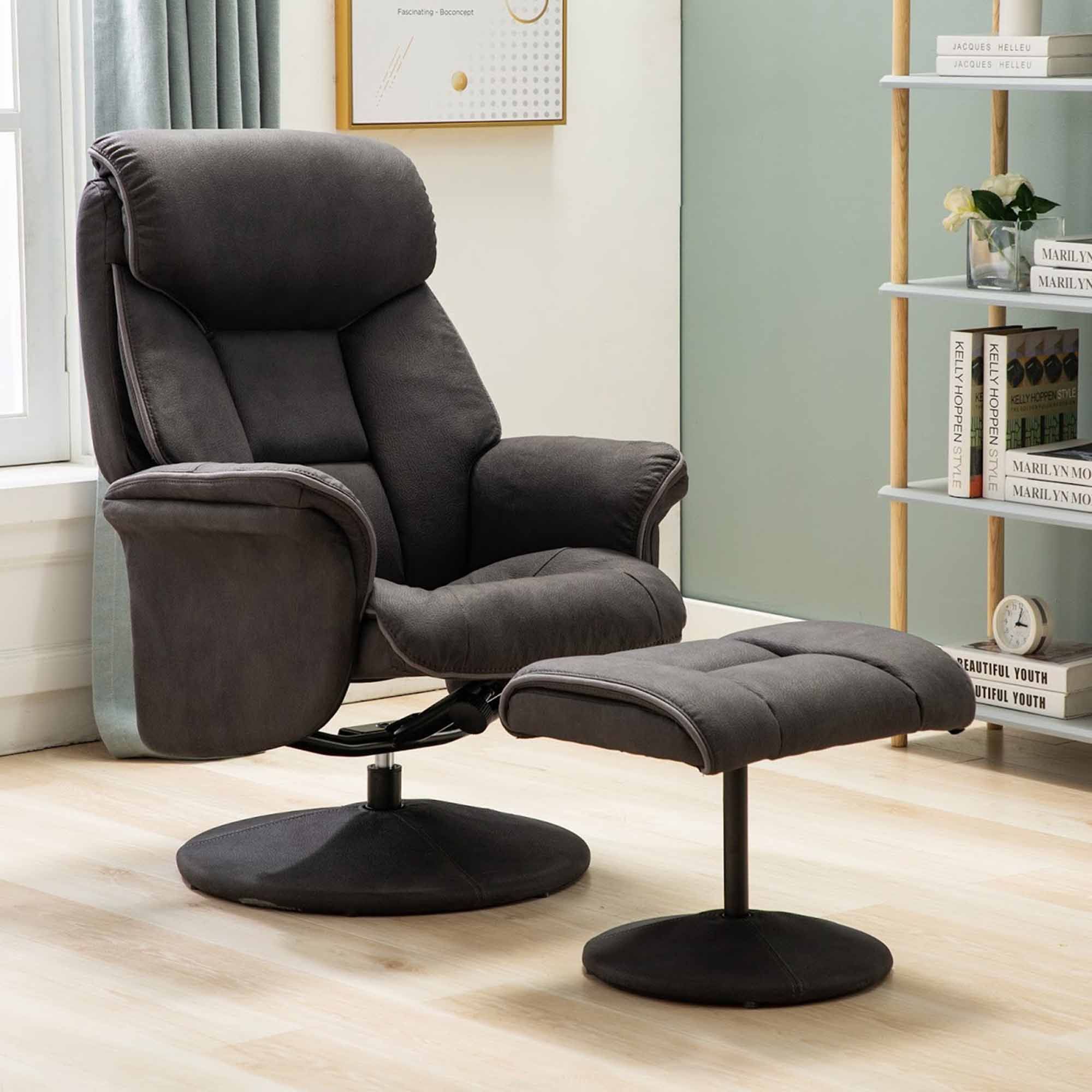 Dingle Swivel Recliner & Footstool Suede Look Fabric Dark Grey ...