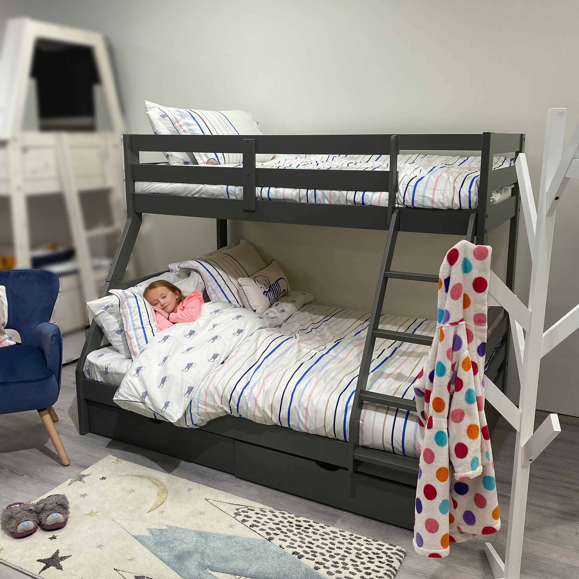 Solar Painted Triple/Dual Storage Bunk Bed Dark Grey + Single & Double