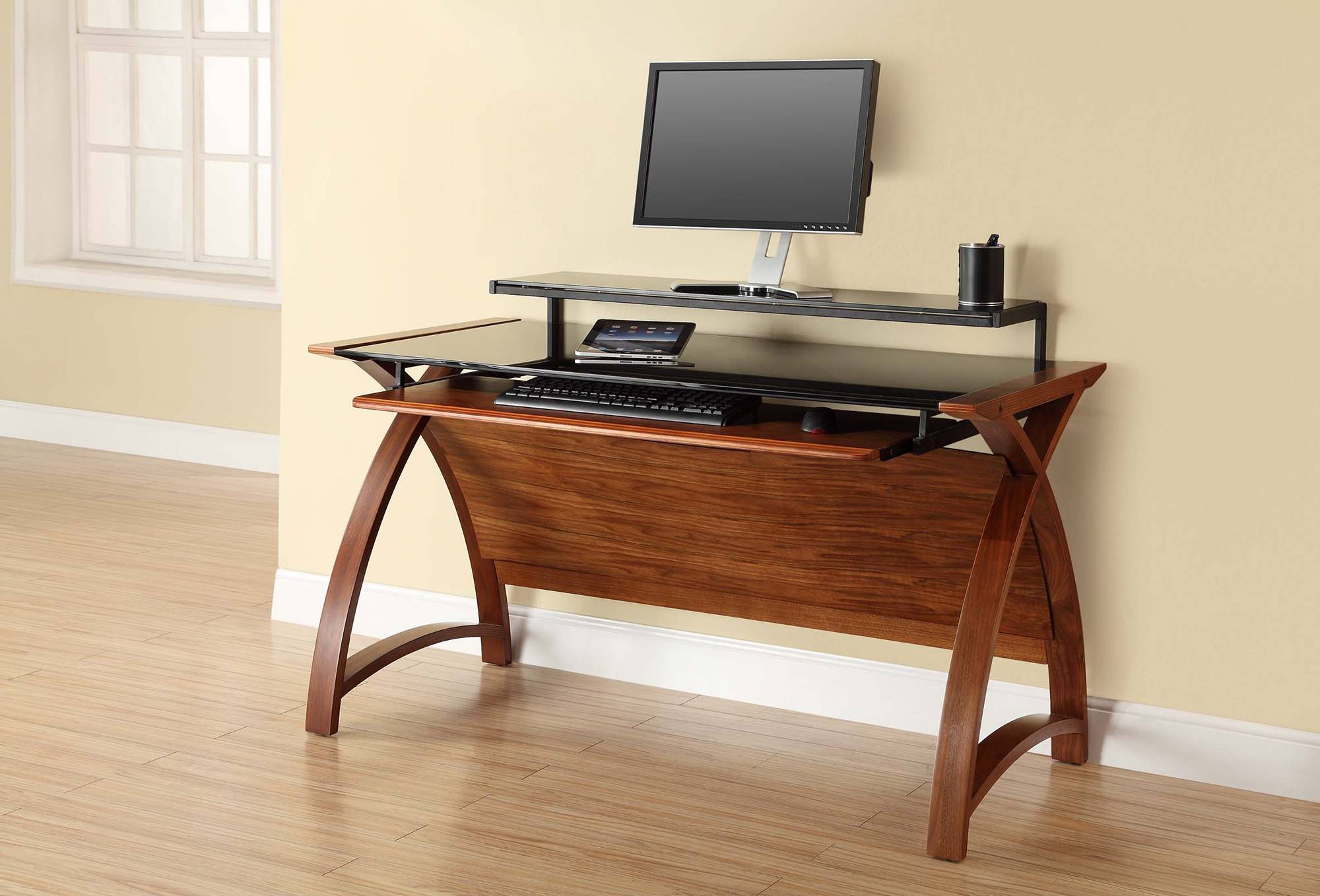 Jual Curve Office Walnut Wide Computer Desk With Keyboard & Monitor