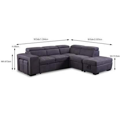 Chiba 4 Seater Corner Sofa Bed With Storage & Poofs Fabric Grey